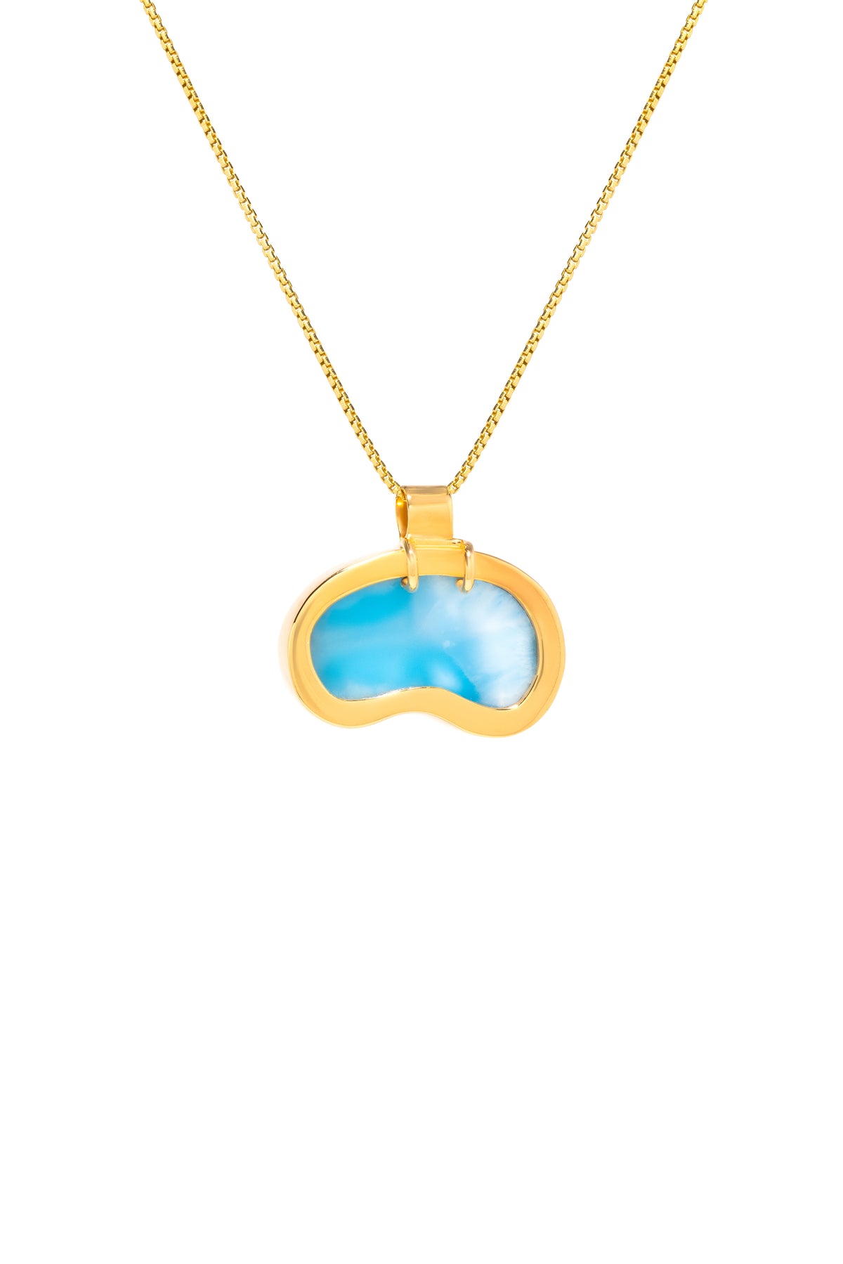 Organic 24k gold plated pool-shaped necklace featuring a blue Dominican Larimar gemstone, with a chain.