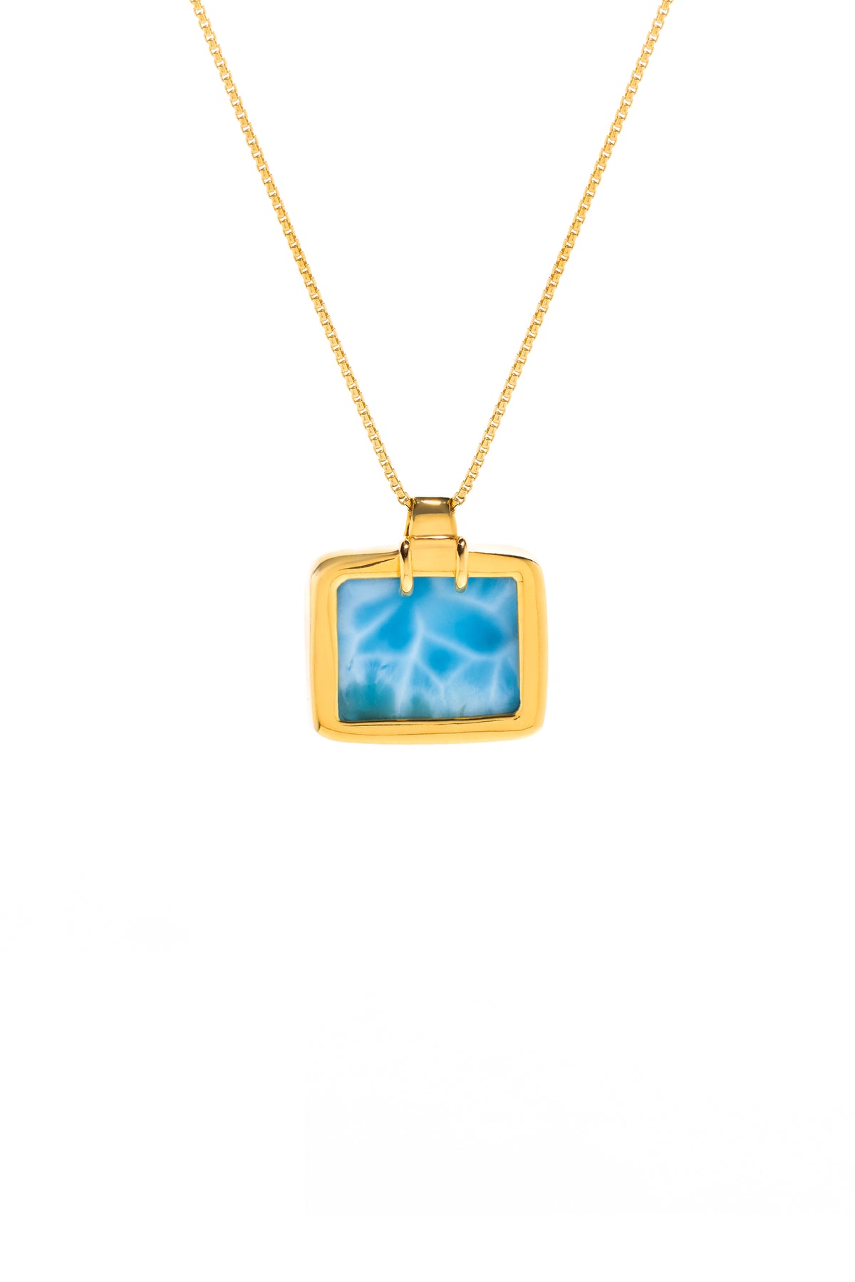 24k gold plated pool-square-shaped necklace featuring a blue Dominican Larimar gemstone, with a chain.