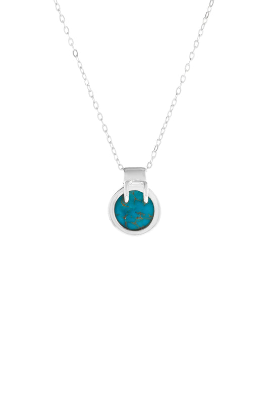 Architectural 925 sterling silver pool-shaped pendant featuring a round blue turquoise gemstone with a chain.
