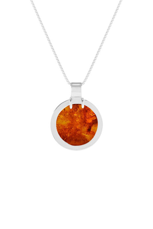Architectural 925 sterling silver pool-shaped medium size pendant featuring a round orange amber gemstone with a chain.