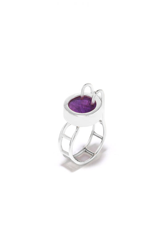 Architectural 925 sterling silver pool-shaped ring featuring a round purple amethyst gemstone with an adjustable wide band.